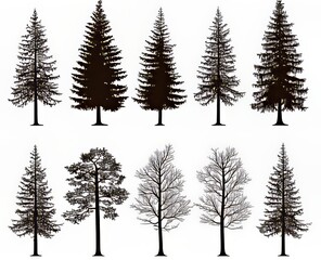 Fototapeta premium Silhouettes of various tree species in diverse shapes and sizes.