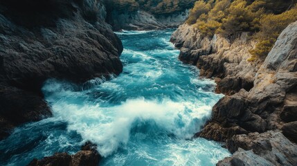A dramatic drone shot of a narrow sea inlet between towering rocky cliffs with turquoise water rushing through, capturing the raw power of nature and wild coastal beauty