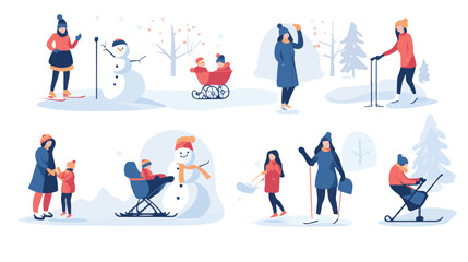 Set of various people having fun at winter. Flat vector illustrations of family making snowman, woman skiing, standing with pram. Winter leisure concept for banner,