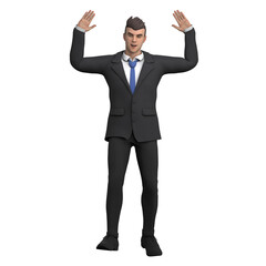 Legal Male Lawyer. A male lawyer stands with both hands raised up parallel to his shoulders and his palms open. 3D Professional Character