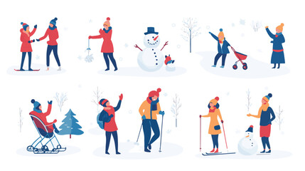 Set of various people having fun at winter. Flat vector illustrations of family making snowman, woman skiing, standing with pram. Winter leisure concept for banner,