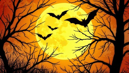 Halloween-themed background featuring a spooky night scene with bats and a glowing orange moon.