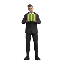 3D Model of Professional Male Lawyer. A male lawyer stands with both hands carrying a green gift in front of his chest. Legal Character