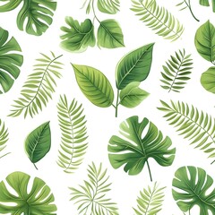 Vibrant Botanical Seamless Pattern with Various Tropical Leaves on White Background