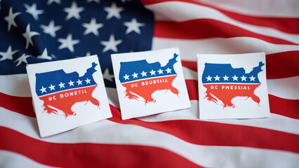 American Election Voting badges on the background of the flag of the United States of America