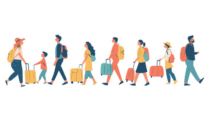 Set of travelers walking with luggage. Flat vector illustrations of families carrying travel cases.