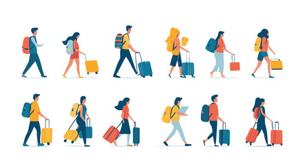 Set of travelers walking with luggage. Flat vector illustrations of families carrying travel cases.