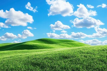 Obraz premium Green Land, Blue Sky, Summer Sunny Day Background, Wide View Of Lawn Hill and Blue Sky , ai