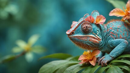 Obraz premium Close-up chameleon sitting green leaf lizard facing towards Cham