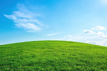 Naklejka premium Green Land, Blue Sky, Summer Sunny Day Background, Wide View Of Lawn Hill and Blue Sky , ai