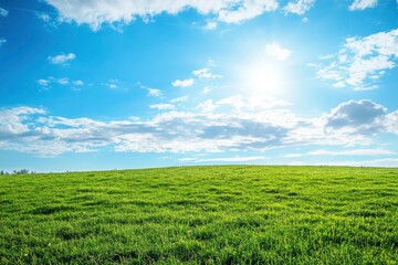 Fototapeta premium Green Land, Blue Sky, Summer Sunny Day Background, Wide View Of Lawn Hill and Blue Sky , ai