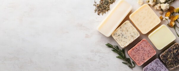 Fototapeta premium A collection of handmade bath soaps with dried flowers and herbs, bath soaps, dried flowers, herbs