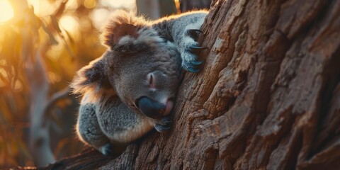Sleeping Koala on a Tree Trunk