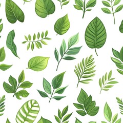 Fototapeta premium Seamless Pattern of Diverse Lush Green Leaves on Minimalist White Background