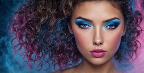 Fototapeta premium Close-up portrait young woman face She has Colorful Smoke Surrou