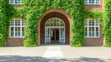 Obraz premium Brick Building with Ivy Covered Archway Entrance