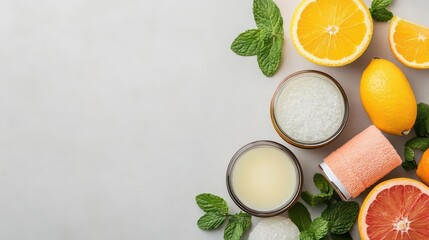 A refreshing display of spa products with citrus and mint accents, spa products, citrus, mint