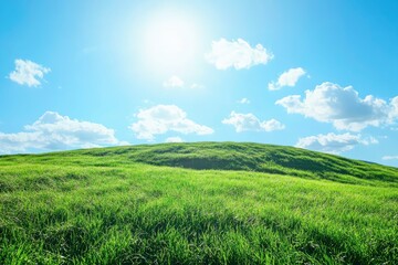 Obraz premium Green Land, Blue Sky, Summer Sunny Day Background, Wide View Of Lawn Hill and Blue Sky , ai