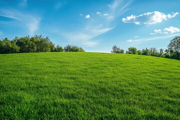 Fototapeta premium Green Land, Blue Sky, Summer Sunny Day Background, Wide View Of Lawn Hill and Blue Sky , ai