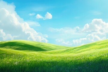 Fototapeta premium Green Land, Blue Sky, Summer Sunny Day Background, Wide View Of Lawn Hill and Blue Sky , ai
