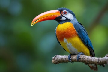 Close-up colorful bird perched branch has long curved majestic r