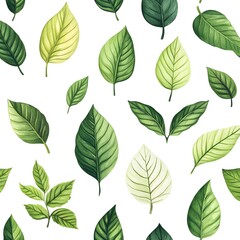 Seamless Pattern with Vibrant Green Leaves on White Background