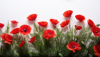 Vibrant red poppies against a clean white background