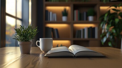 Open Book on Wooden Table with Coffee Cup.