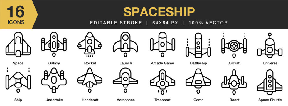 Spaceship icon set. Editable Stroke Icon Collection. Includes galaxy, game, rocket, launch, undertake, ship, and More. Outline icons vector collection.