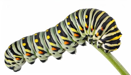 Naklejka premium Colorful firefly swallowtail caterpillar on white background macro close-up