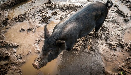 Top view of a black pig standing in a muddy environment