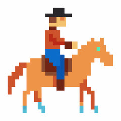 Pixel Art Cowboy Riding Horse with Hat and Boots in Retro Video Game Style