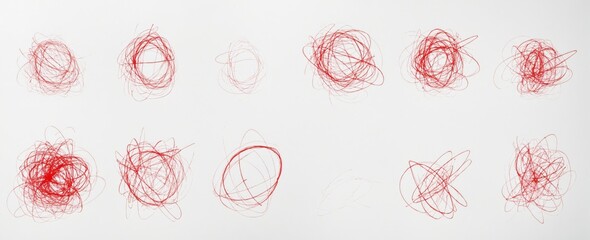 Collection nine red scribbles arranged grid-like pattern white I