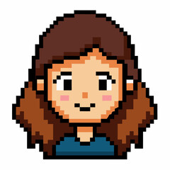 Pixel Art Portrait of Smiling Woman with Brown Hair on White Background