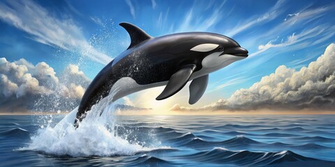 Fototapeta premium Powerful fins propelling it, a majestic killer whale soars out of the ocean, its dark form streaked with