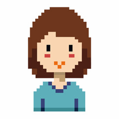 Pixel Art Portrait of a Smiling Person with Brown Hair in Blue Shirt   Retro Digital Style