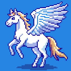 Pixel Art Pegasus with Wings in Retro Video Game Style on Blue Background