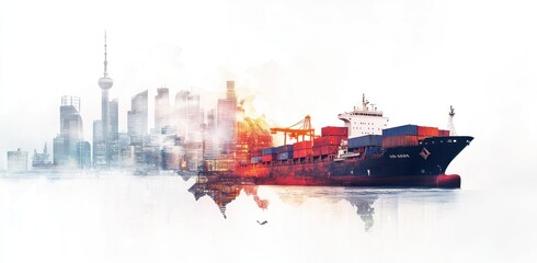 Fototapeta premium Cargo Ship and Cityscape with Watercolor Effect