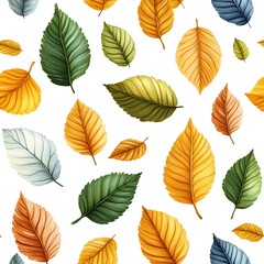 Seamless pattern with fresh and vibrant natural leaves in different autumn colors on white background