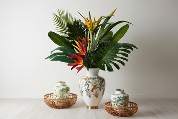 Fototapeta premium Vibrant Tropical Floral Arrangements in Chic Designer Vase on Clean Canvas