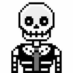 Fototapeta premium Retro Pixel Art Skeleton Character in Black Suit and Tie with White Background