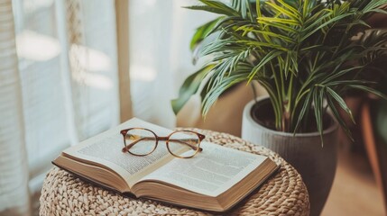 Open Book With Glasses on a Rattan Table.