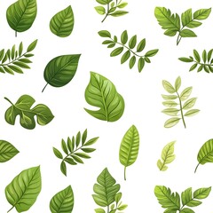 Fototapeta premium Seamless natural pattern with various fresh and vibrant green leaves on a white background