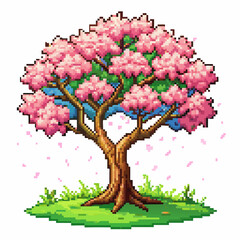 Vibrant Pixel Art Cherry Blossom Tree with Falling Petals in Springtime