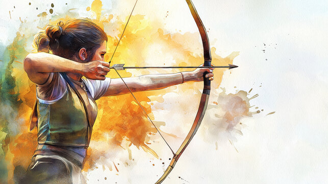 An archer focuses intently while drawing back a bow against a vibrant, colorful backdrop, showcasing precision and determination.