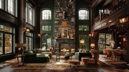 Fototapeta premium Grand classic style living room with dark green stone walls and fireplace AI generated image
