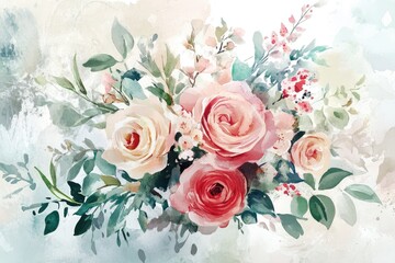 Obraz premium A beautiful watercolor illustration of pink and red roses, surrounded by delicate greenery, perfect for floral designs.