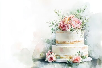 A beautiful floral wedding cake adorned with soft pink roses and greenery, perfect for celebrations and special occasions.