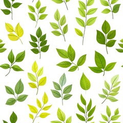 Seamless Pattern of Natural and Fresh Green Leaves on White Background
