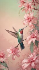 Obraz premium Digital illustration hummingbird perched branch pink flowers fac